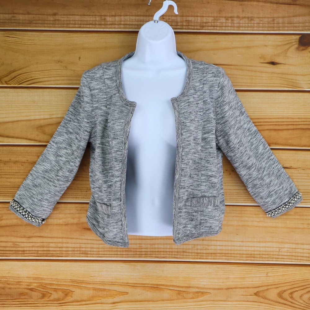 Express Cropped Cardigan Sweater Womens Size M Gray Heathered Beaded 3/4 Sleeves